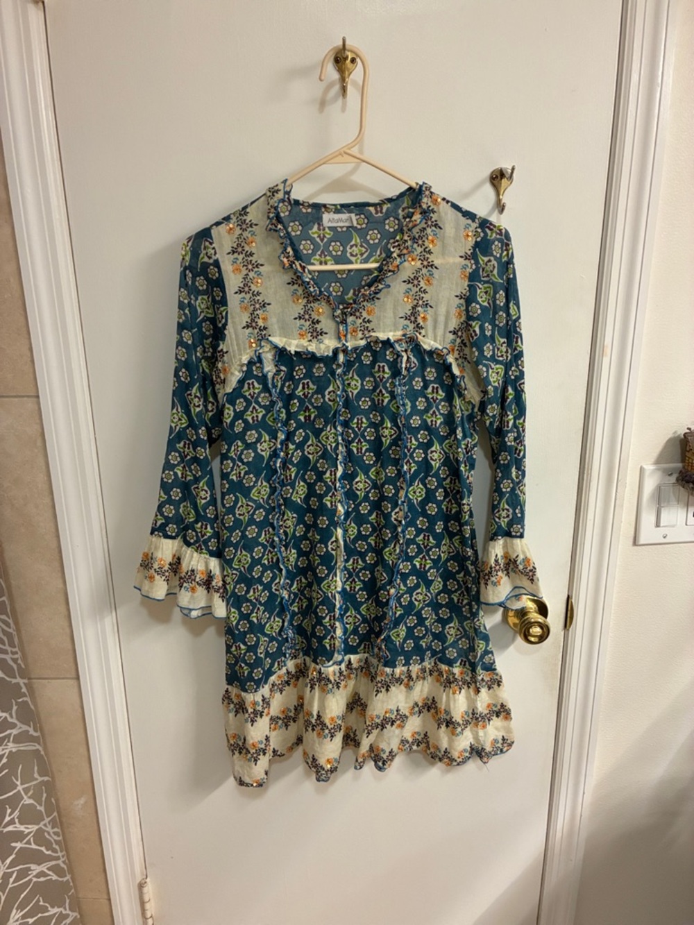 Teal Floral Boho Long Sleeve Dress with Cream Trim Sz S